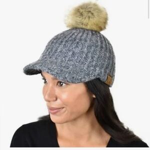 C.C Brim Beanie Women's Charcoal Knit Fur Pom Hat